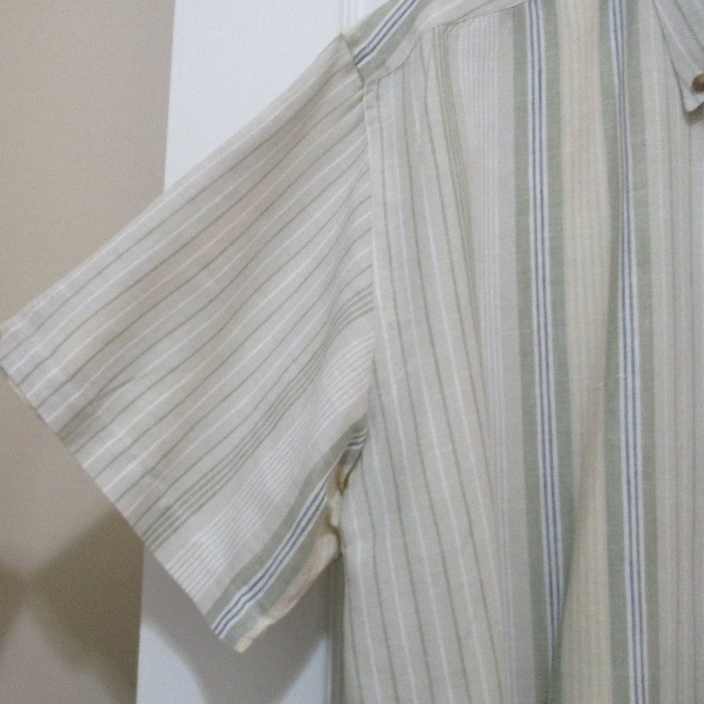 Linen Cotton Short Sleeve Oxford Shirt sz M Beige Striped - Picture 5 of 11